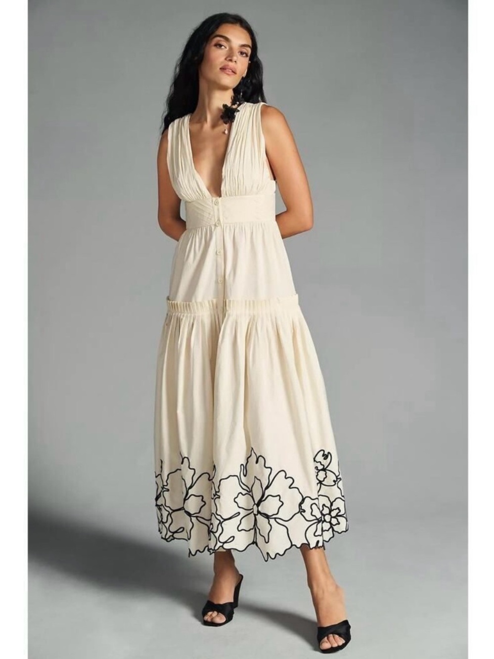 New Anthropologie Forever That Girl Tiered Deep V Cream Embroidered Dress S